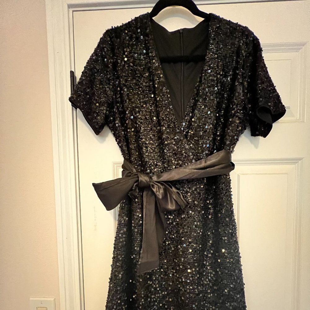 NEW IN BAG, V Neck, sequin black dress with sash.